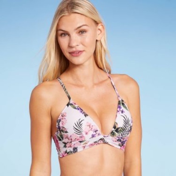 Shade & Shore Other - NWT Lightly Lined Twist-Front Plunge Bikini Top - White Tropical Print - 36D